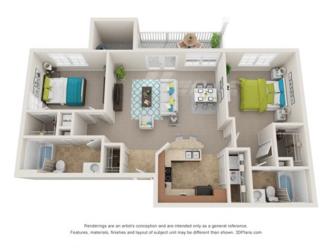Floor plan for 2 beds, 2 baths, 1164 sqft